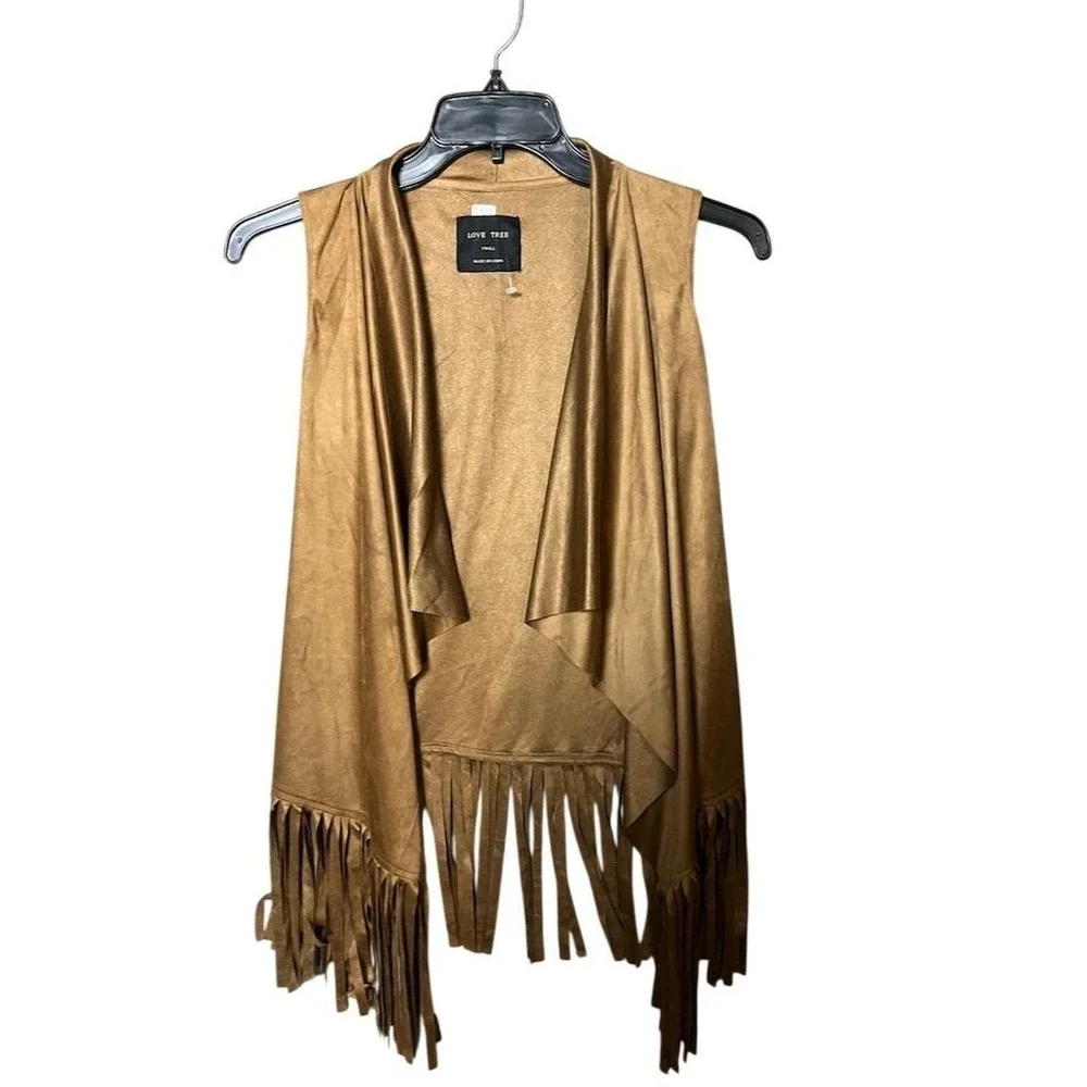 Love Tree Women's Brown Faux Suede Fringe Long Vest Western Boho‎ Hippie Small